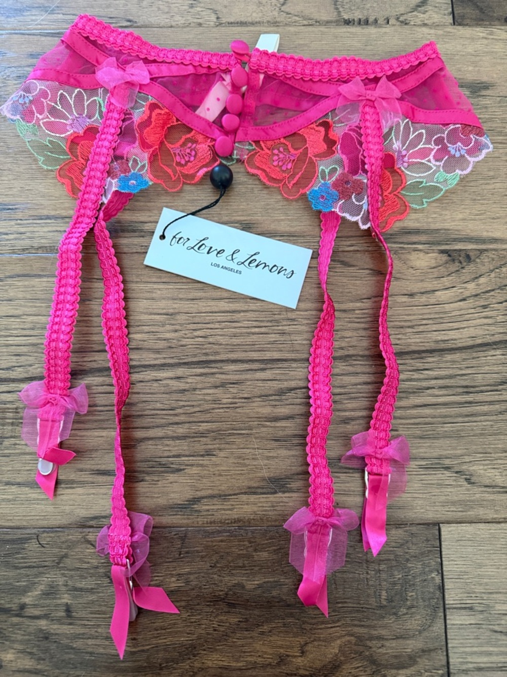 For Love & Lemons Hot Pink Luella Floral Embroidered Garter Belt